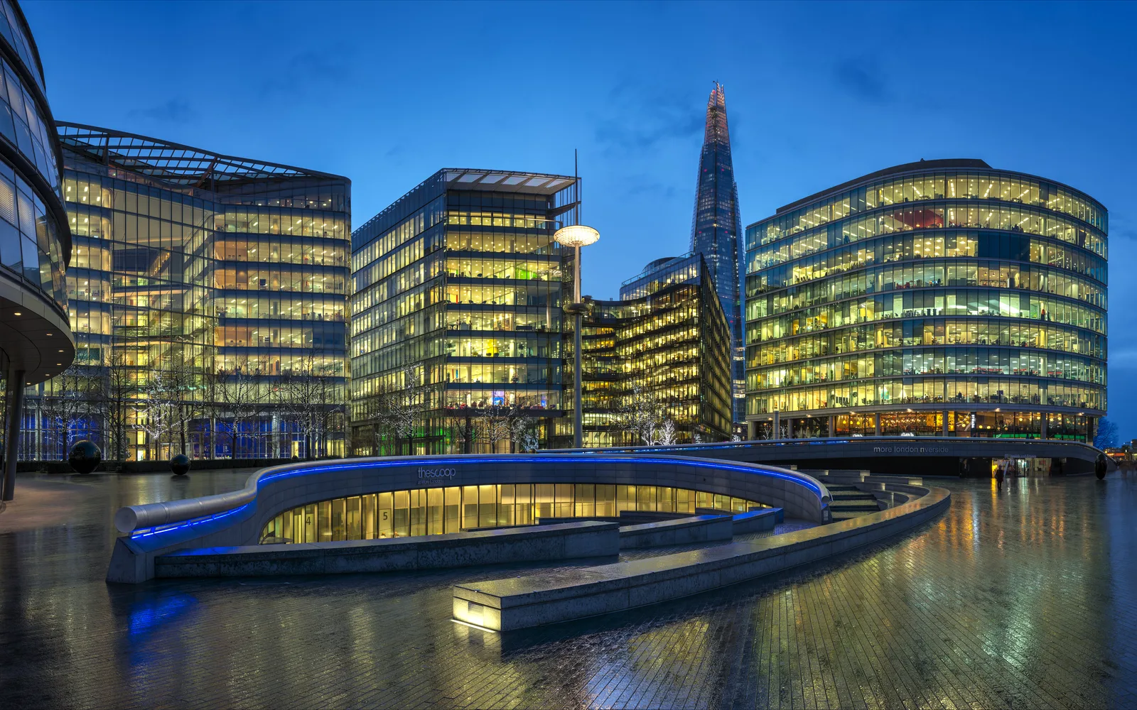 More London office development at dusk with Thames River view
